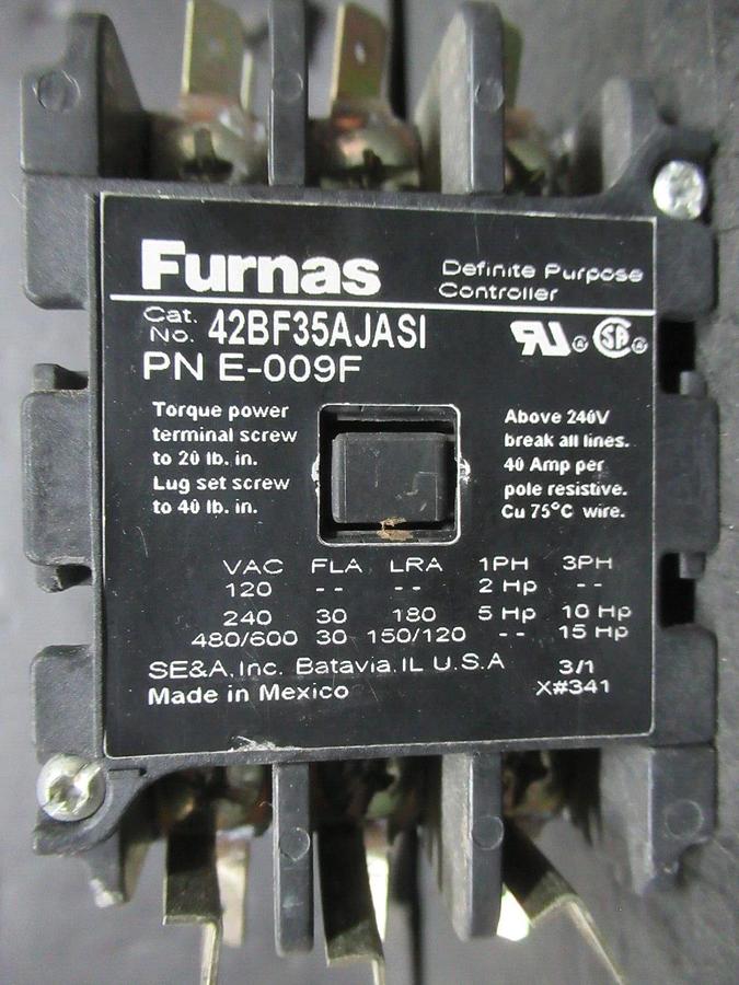 Used FURNAS CONTACTOR 42BF35AJASI 30 AMP 600 VAC 3-POLE 3-PHASE 15 HP 24 V COIL