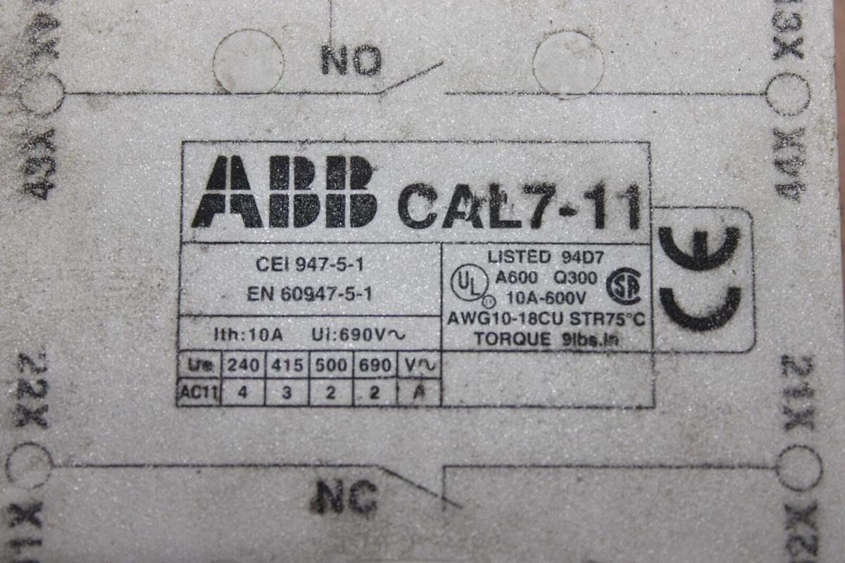 Used ABB AUXILIARY CONTACT BLOCK CAL7-11 10 AMP 600 VAC *WARRANTY INCLUDED*