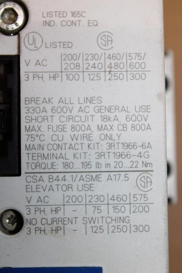 Used SIEMENS CONTACTOR 3RT1066-6...6 600 VAC 330 AMP 3-PHASE 300 HP COIL: 120 VAC