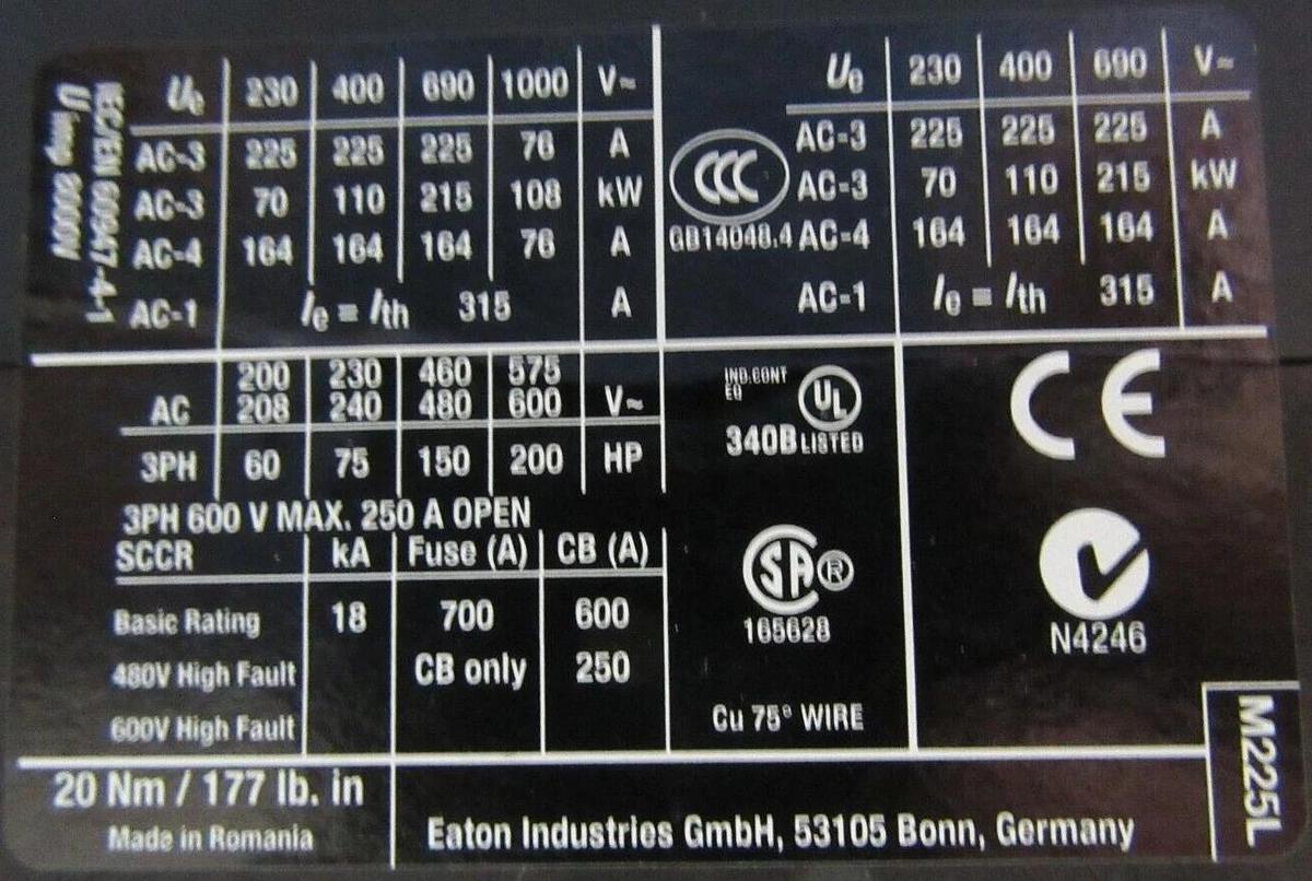 Used EATON CONTACTOR XTCE225L 250 AMP 600 VAC 200 HP 3-POLE 3-PHASE COIL: 24-48 VDC