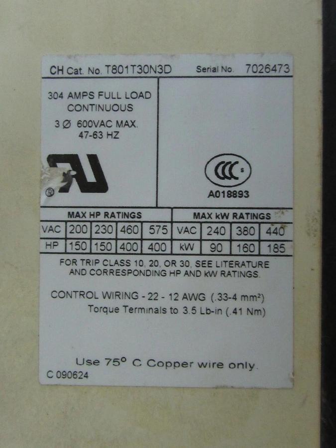 Used 304 AMP CONTINUOUS EATON CUTLER HAMMER INSIDE THE DELTA SOFT STARTER T801T30N3D