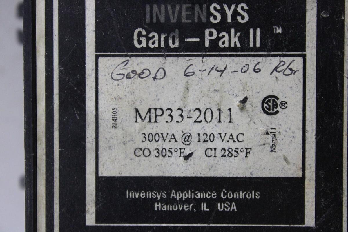 Used INVENSYS GARD-PAK II MP33-2011 300 VA @ 120 VAC ELECTRIC MOTOR PROTECTOR