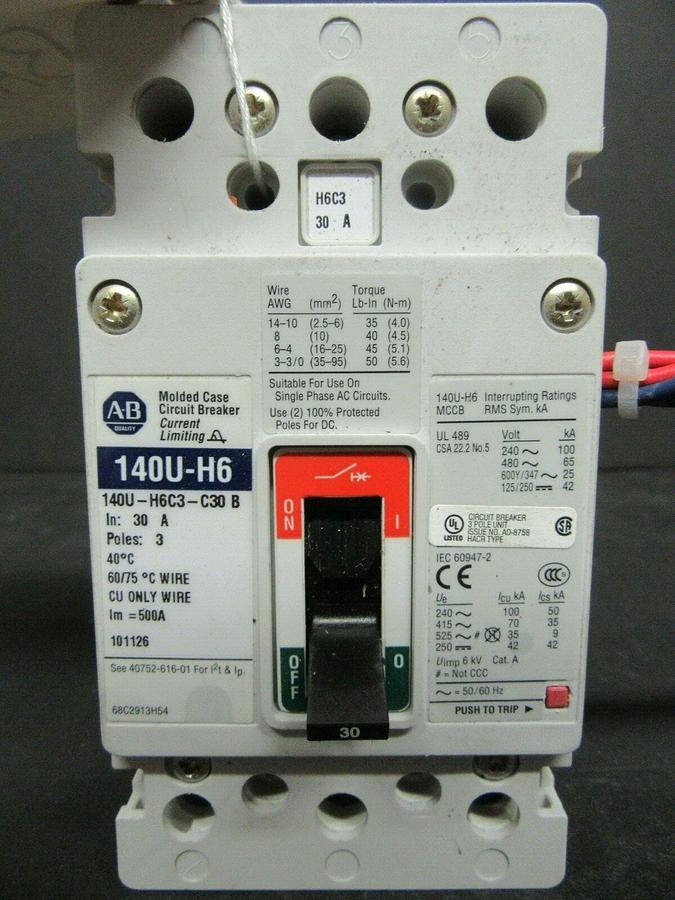 Used 30 AMP ALLEN BRADLEY BREAKER 140U-H6C3-C50 SER. B 3 POLE 480 VAC **WARRANTY**