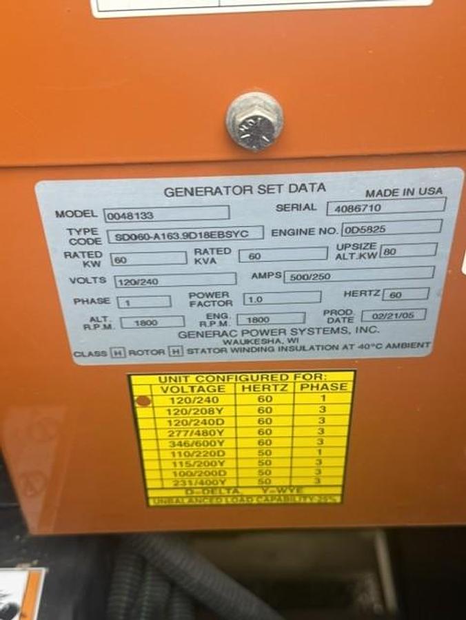 Used 60 KW DIESEL GENERATOR GENERAC 120/240 VOLT ONLY 252 HRS SOUND ENCLOSED VIDEO