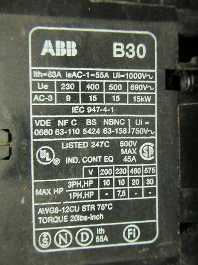 Used ABB CONTACTOR B30 AUX. 45 AMP 600 VAC 30 HP **WARRANTY INCLUDED** W/ B30-30-22