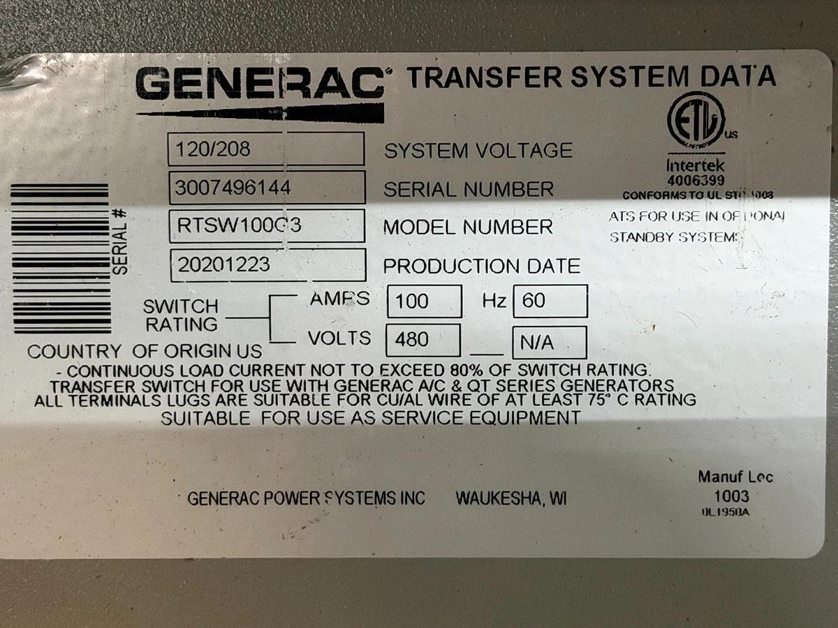 Used GENERAC AUTOMATIC TRANSFER SWITCH RTSW100G3 120/208V 100 AMP 60 HZ **WARRANTY**