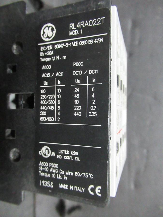 Used GE AUXILIARY RELAY RL4RA022T MOD. 1 600 VAC 20 AMP 110/120 VOLT COIL