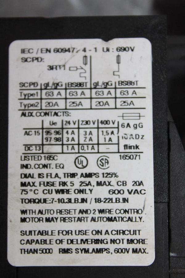 Used SIEMENS SIRIUS STARTER 3RT1024-1A..0 600 VOLT 35 AMP 10 HP W/ 3RU1126-1GB0