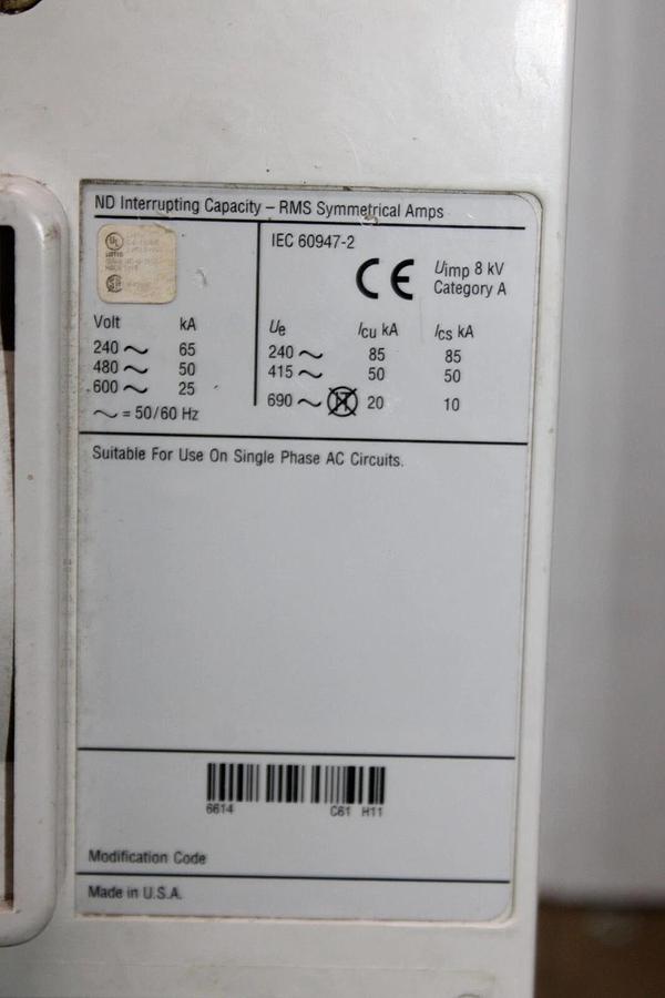 Used CUTLER HAMMER CIRCUIT BREAKER ND312T33W 1200 AMP FRAME 900 AMP TRIP 600 VAC