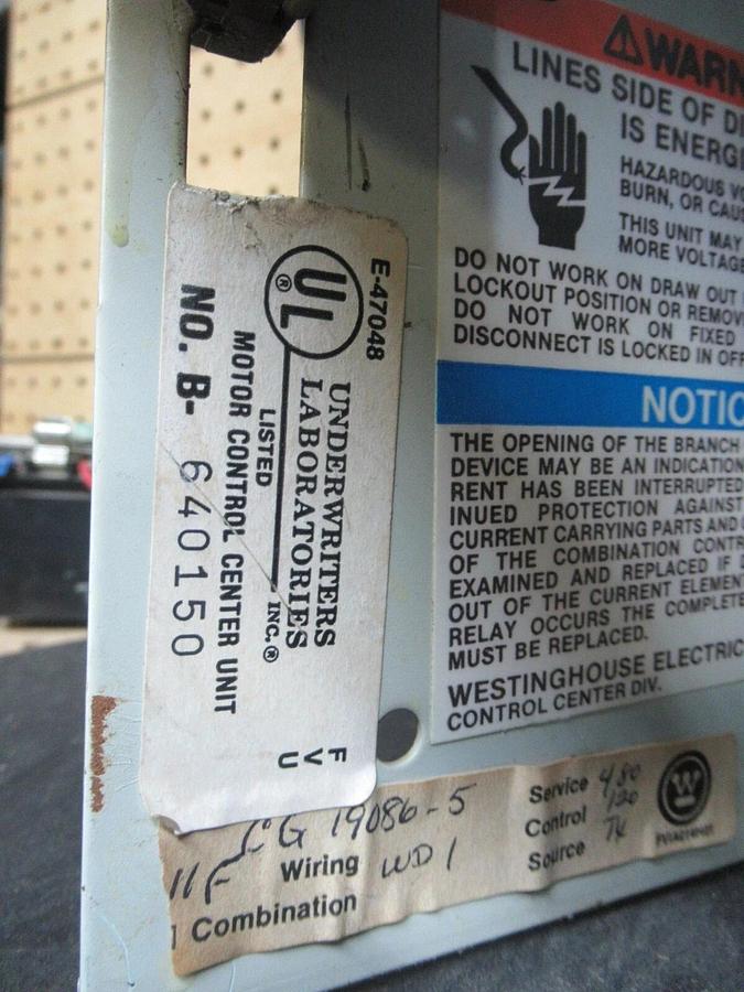 Used CUTLER HAMMER MOTOR STARTER CONTROL BUCKET MODEL: 2100 12" NEMA SIZE 1 7 AMP