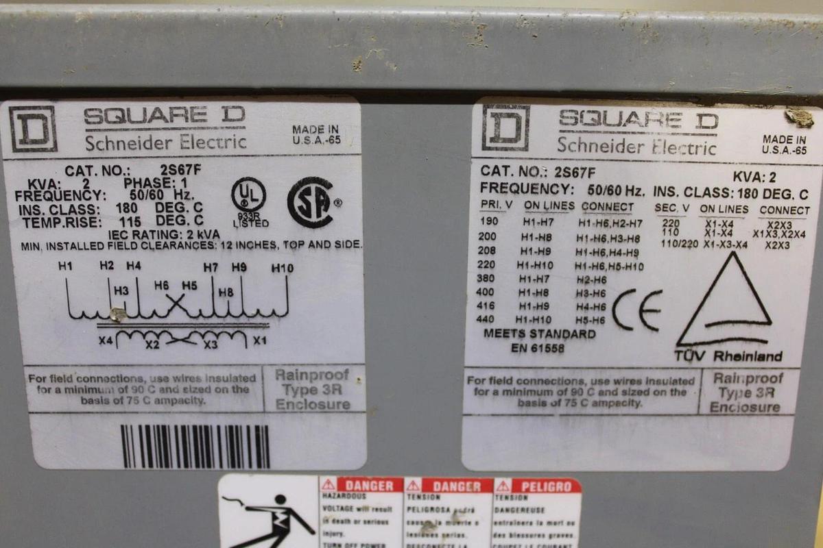 Used SQUARE D SINGLE PHASE TRANSFORMER 2S67F 2 KVA PRI: 480C SEC: 240V 3R ENCLOSURE