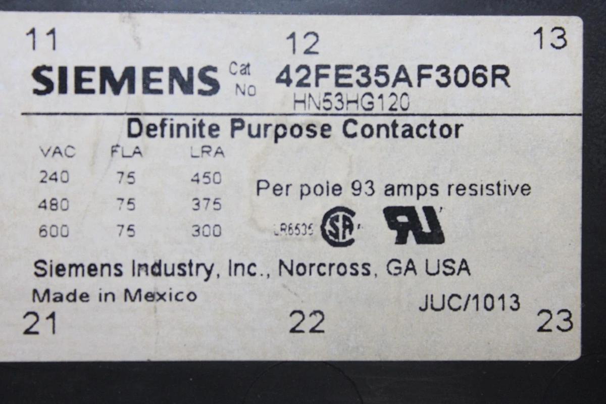 Used SIEMENS CONTACTOR 42FE35AF306R HN53HG120 600 VAC 75 AMP 3-POLE COIL: 120V