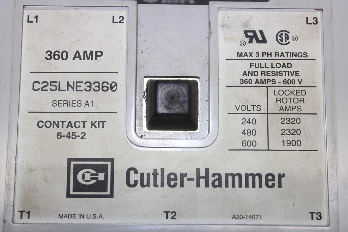 Used CUTLER HAMMER CONTACTOR C25LNE3360 360 AMP 600 VOLT 3-PHASE 3-POLE COIL: 120V