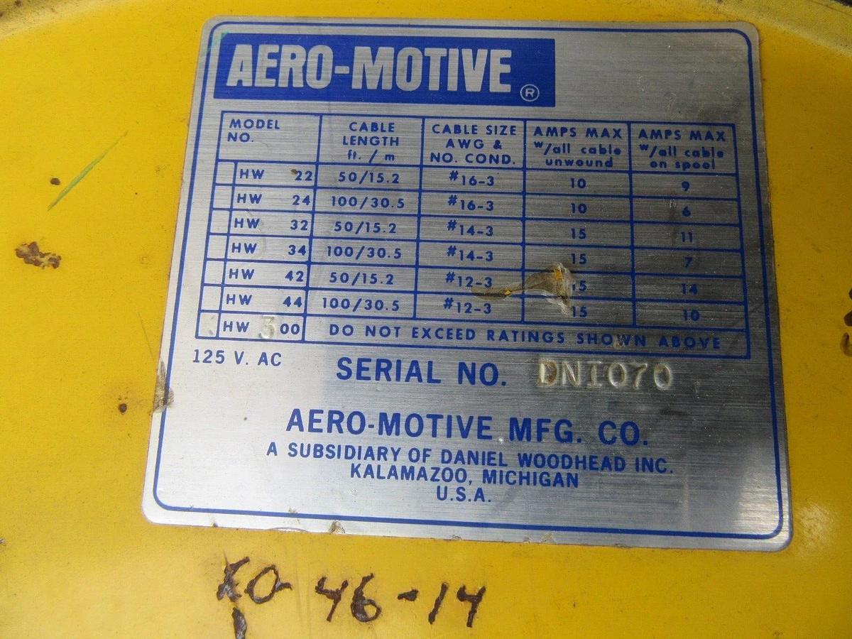 Used 100' 14/3 AERO-MOTIVE HW 34 ELECTRICAL POWER CORD WIRE REEL 15 AMP 120 VAC 1 PH