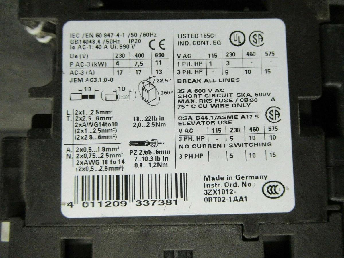 Used SIEMENS MANUAL MOTOR START 3RV1021-4BA10 600 VAC 20 AMP 20 HP