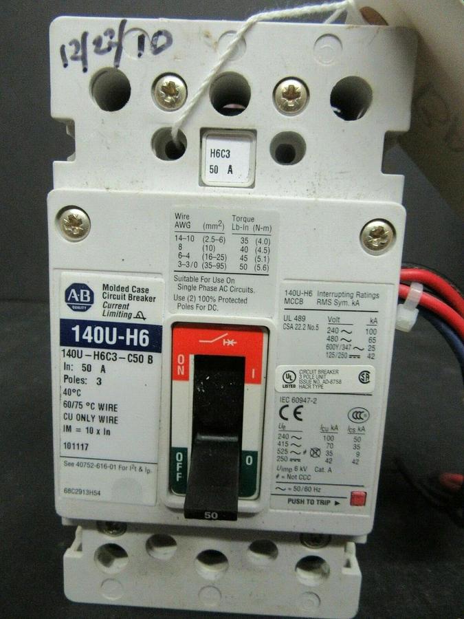 Used 50 AMP ALLEN BRADLEY BREAKER 140U-H6C3-C50 SER. B 3 POLE 480 VAC **WARRANTY**
