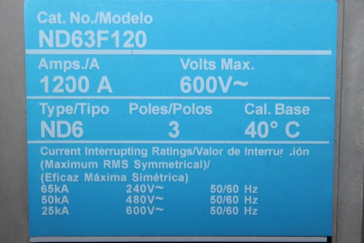 Used SIEMENS ND6 CIRCUIT BREAKER ND63F120 1200 AMP 3-POLE 600 VAC 3-PHASE *WARRANTY*