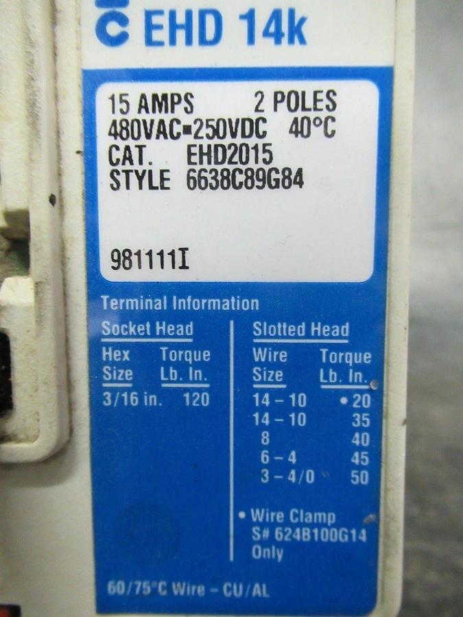 Used CUTLER-HAMMER BREAKER EHD2015 15A 2-POLE 250VDC 480VAC *WARRANTY*