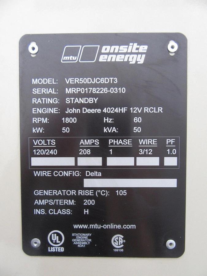 Used 50 KW DIESEL GENERATOR MTU 120/240 V  JOHN DEERE SOUND ENCLOSED 355 HRS  VIDEO