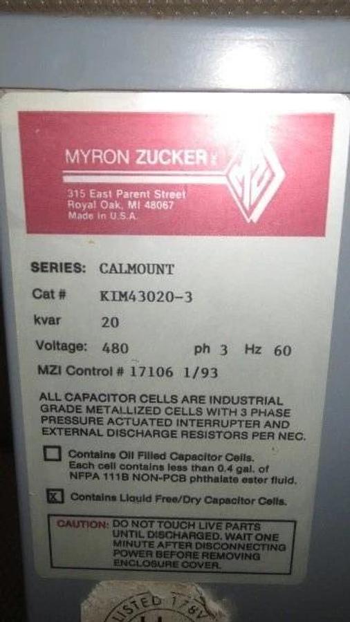 Used MYRON ZUCKER CAPACITOR CALMOUNT SERIES, KVAR 20, 480 V, 3 PHASE - KIM43020-3