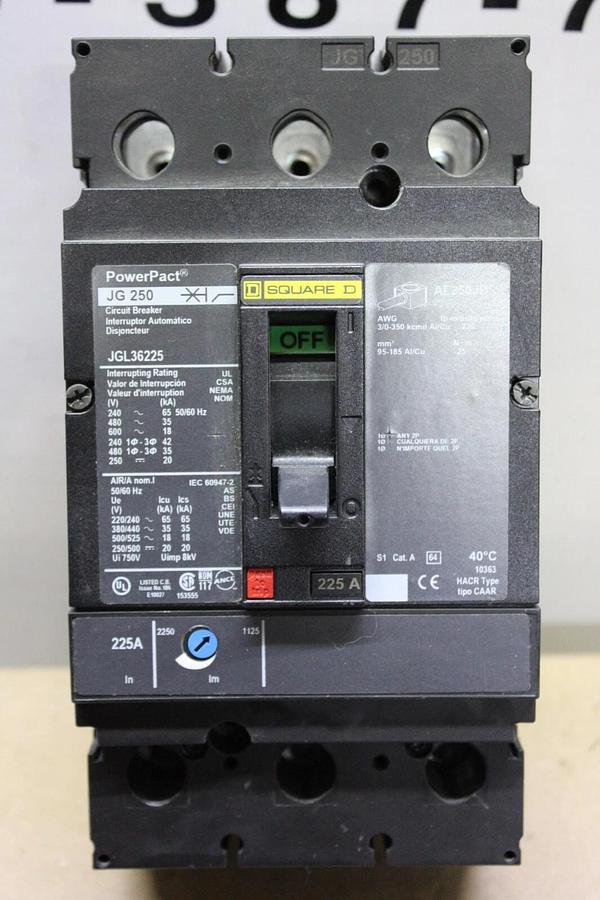 Used SQUARE D POWERPACT BREAKER JGL36225 225 AMP 3-POLE 600 VAC JG-250