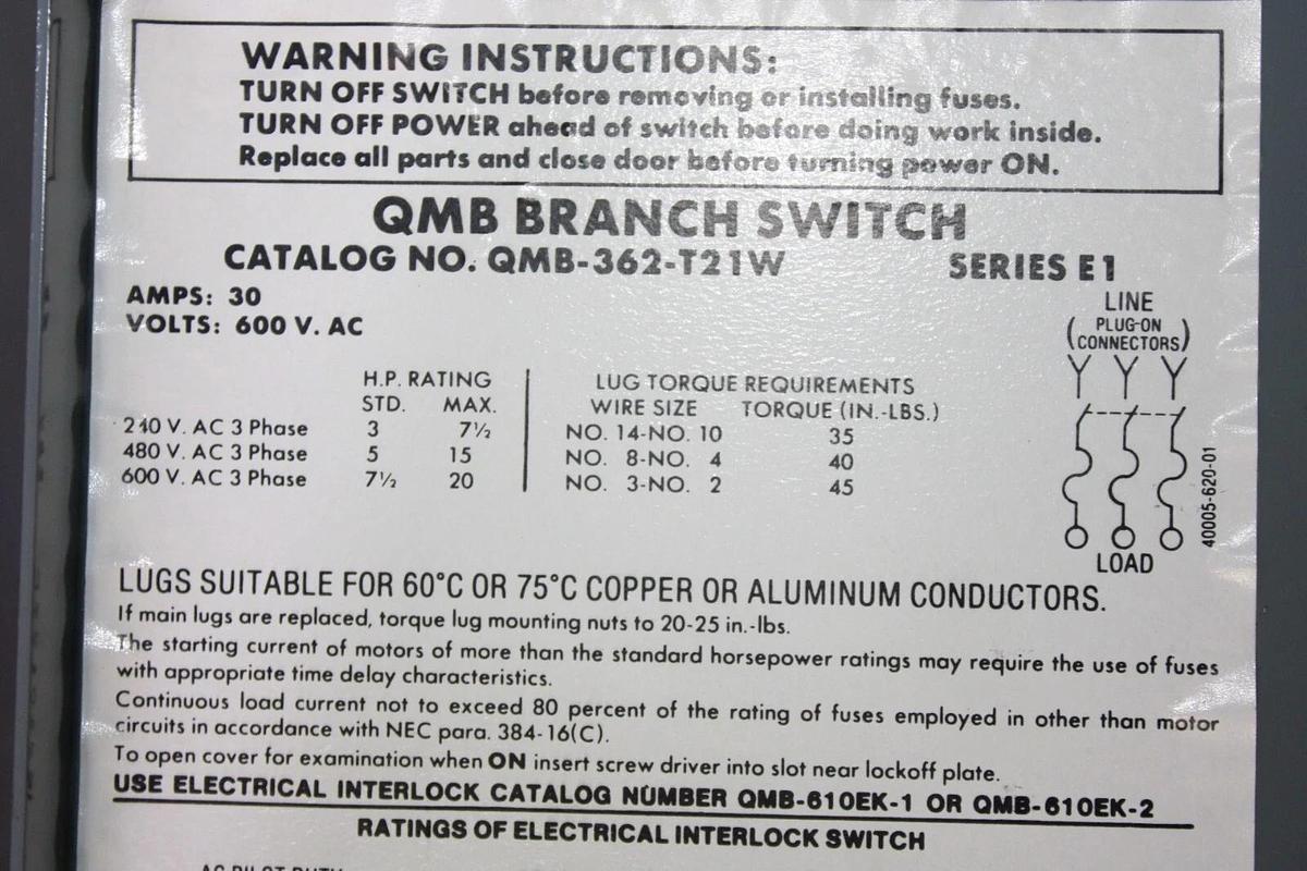 Used SQUARE D TANDEM DISCONNECT SWITCH QMB-362-T21W 30 AMP 600 VAC 3-PHASE