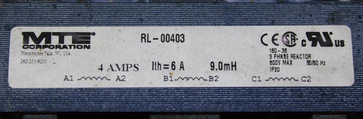 Used MTE 3-PHASE REACTOR RL-00403 4-6 AMP 600 VOLT 9 mH 50/60 HZ **WARRANTY**