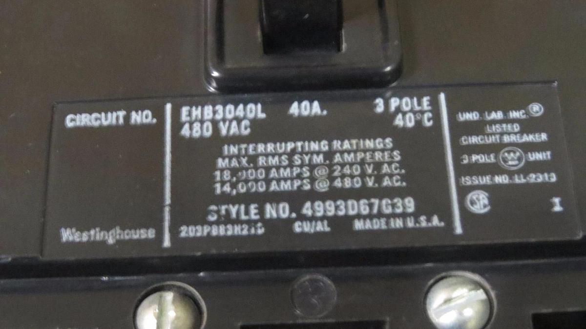 Used WESTINGHOUSE CIRCUIT BREAKER 40 AMP 480 VAC 3 POLE  MODEL: EHB3040L *WARRANTY*