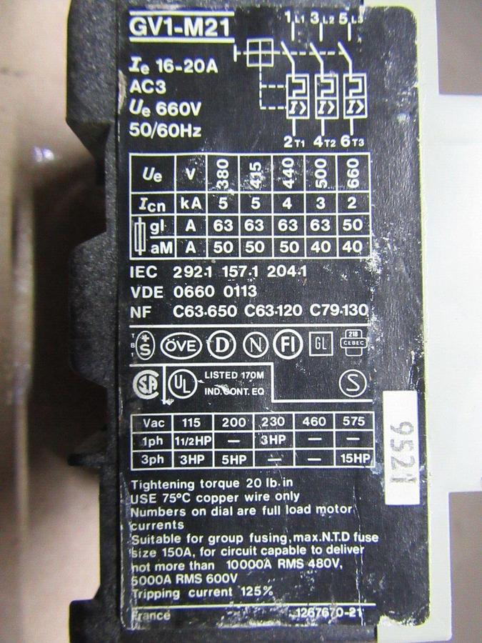 Used TELEMECANIQUE MANUAL MOTOR STARTER GV1-M21 600 VAC 15 HP 20 AMP 3-PHASE