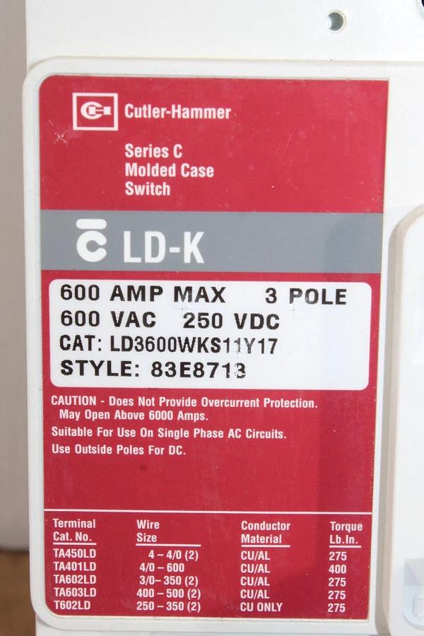 Used CUTLER HAMMER MOLDED CASE SWITCH LD3600WKS11Y17 600 AMP 600 VAC 3-POLE