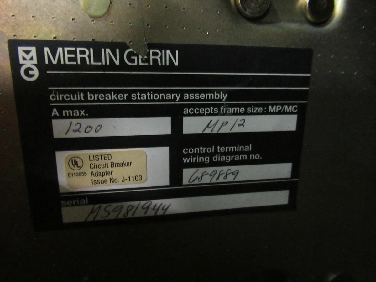 Used 1200 A SQUARE D MERLIN GERIN MASTERPACT BREAKER STATIONARY ASSEMBLY MP12 CRADLE