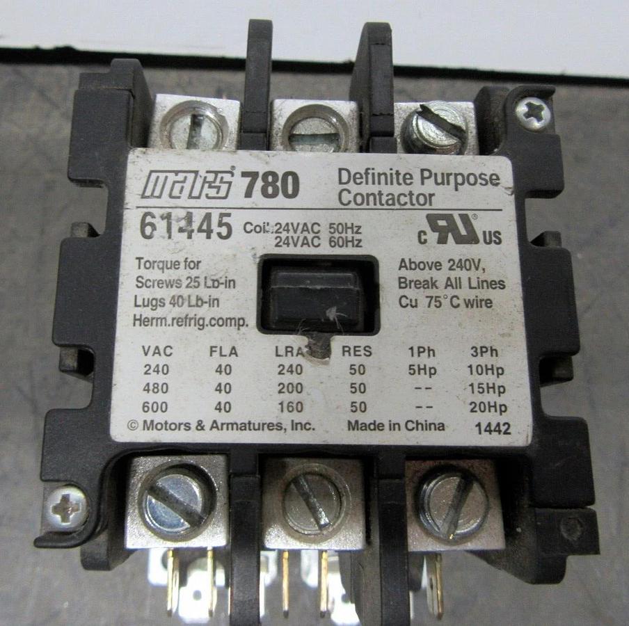 Used MARS 780 CONTACTOR 61445 600 VAC 40 AMP 3-PHASE 20 HP COIL: 24 VAC