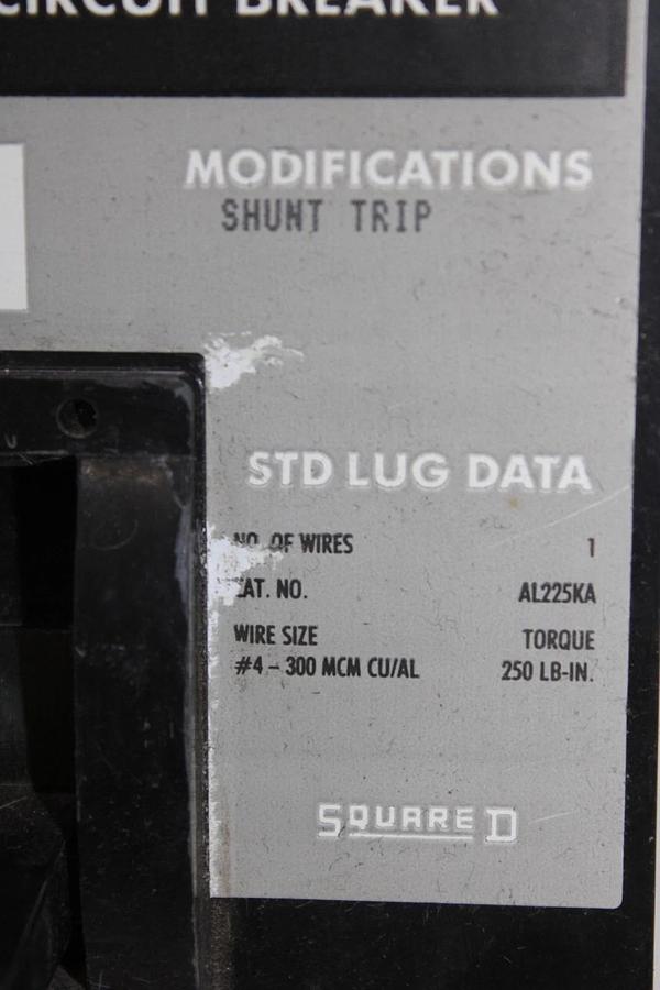 Used SQUARE D CIRCUIT BREAKER KAL362001021 200 AMP 600 VAC 3-POLE W/ SHUNT TRIP