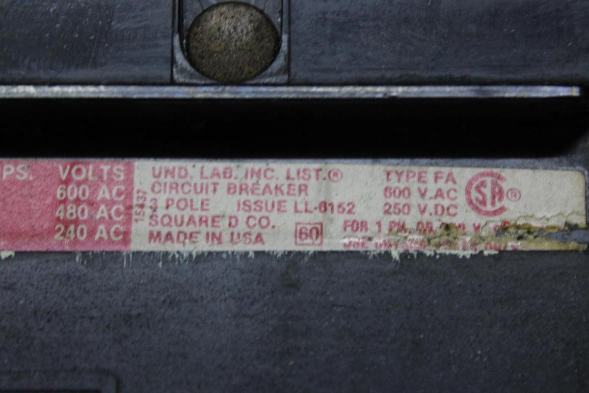 Used SQUARE D I-LINE CIRCUIT BREAKER FA36020 20 AMP 600 VOLT 3-POLE