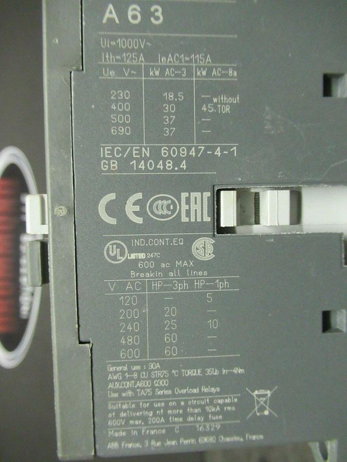 Used 90 AMP ABB A63-30 CONTACTOR 3 PHASE 600 VAC 60 HP **WARRANTY INCLUDED**