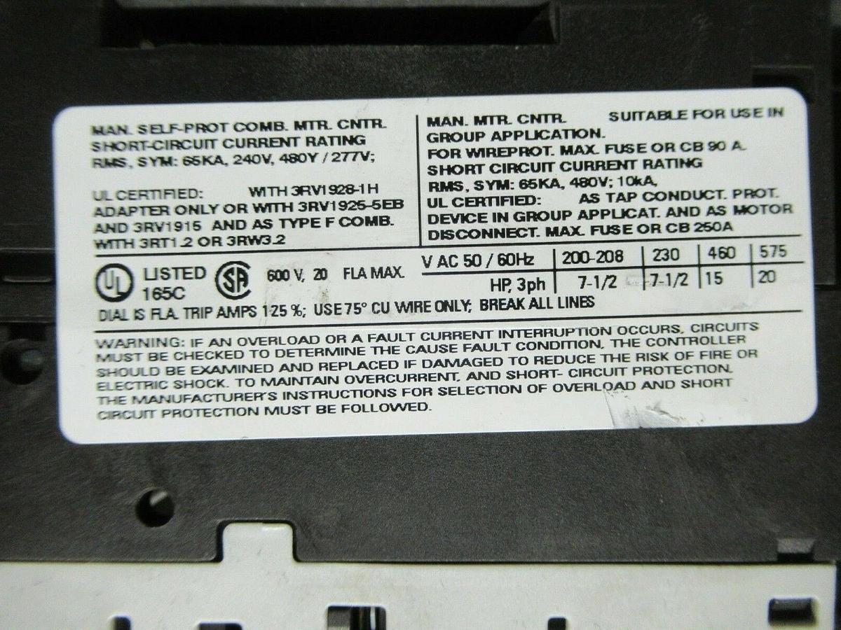 Used SIEMENS MANUAL MOTOR START 3RV1021-4BA10 600 VAC 20 AMP 20 HP