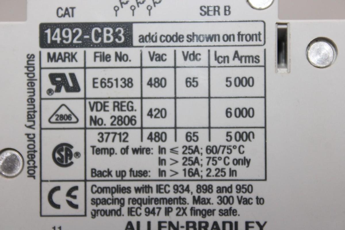 Used ALLEN BRADLEY CIRCUIT BREAKER 1492-CB3 480/277 VAC 10 AMP 3-POLE