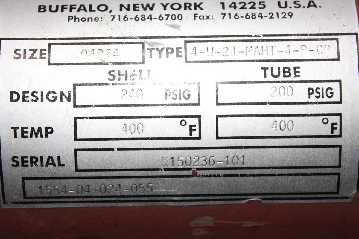 Used API BASCO HEAT EXCHANGER 4-W-24-MAHT-4-P-CP 04024 240 PSIG 400°F 2' X 6"