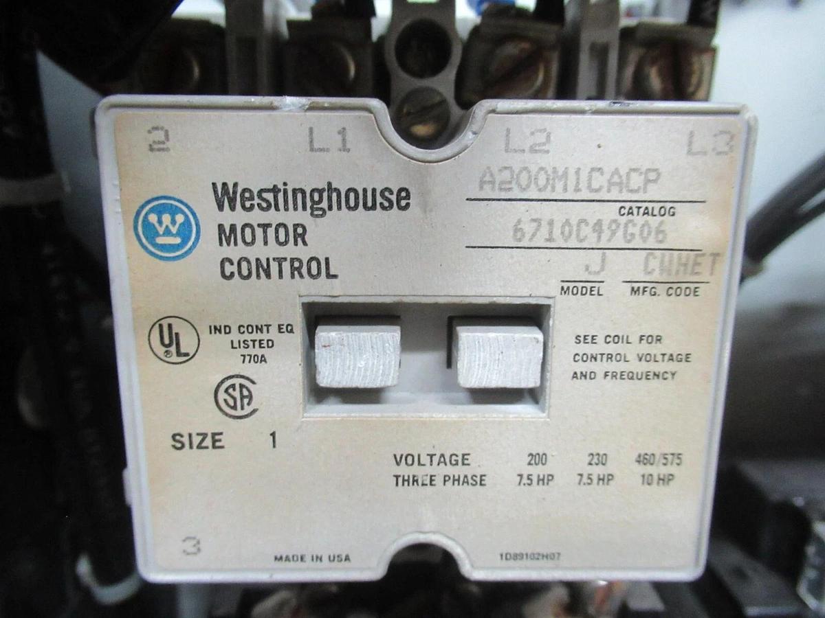 Used CUTLER HAMMER MOTOR STARTER CONTROL BUCKET 2100 12" NEMA SIZE 1 A200M1CACP 7 AMP