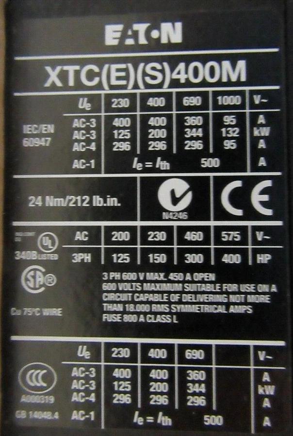 Used EATON CONTACTOR XTCE400M 600 VAC 450 AMP 400 HP 3-POLE 3-PHASE COIL: 24-48 VDC
