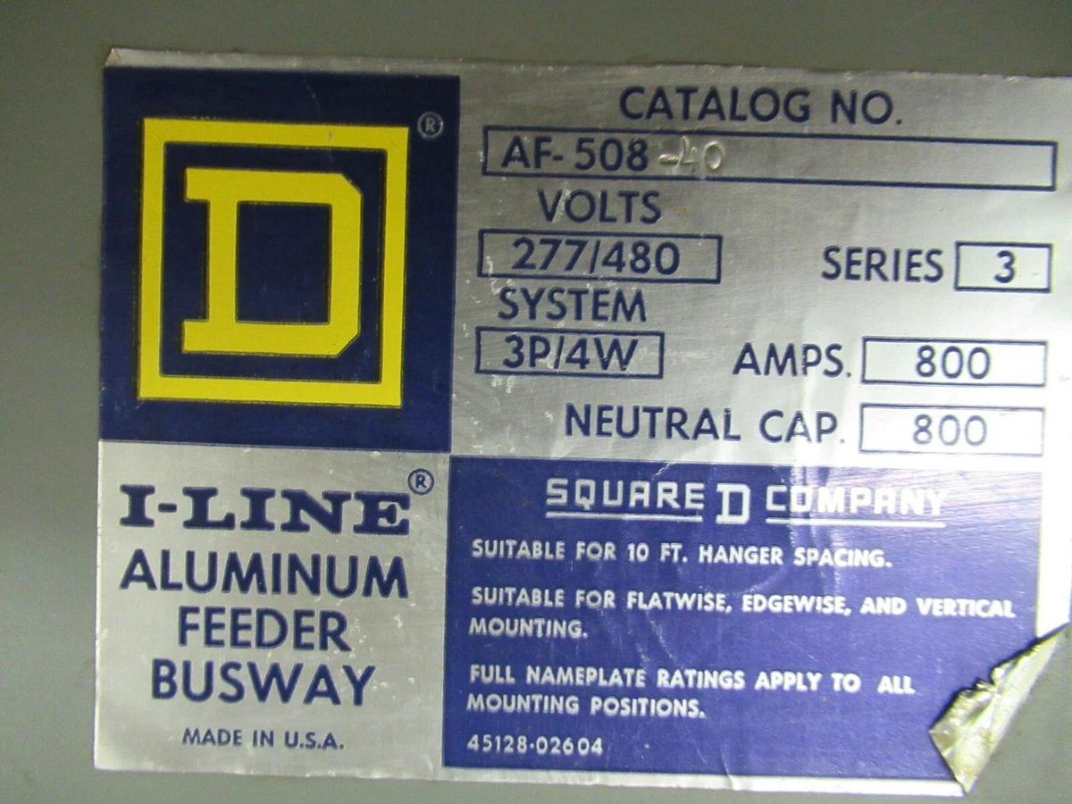 Used 800 AMP SQUARE D I-LINE FEEDER ALU DUCT BUSWAY RUN 40" L 480 / 277 V 3 PH 4 W