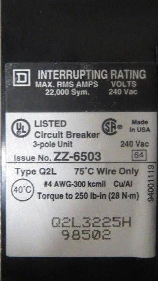 Used SQUARE D BREAKER 225 AMP 240 VAC 3 POLE MODEL Q2L3225H **WARRANTY INCLUDED**