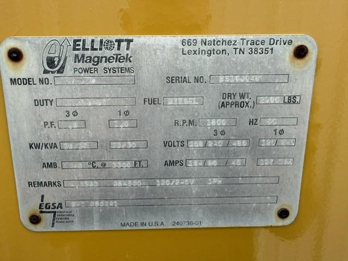 Used 30 KW DIESEL GENERATOR ELLIOTT 120/240V RE-CONNECTABLE SOUND ENCLOSED 866 HRS