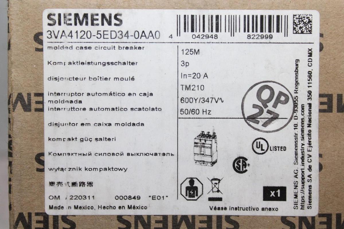 NIB SIEMENS CIRCUIT BREAKER 3VA4120-5ED34-0AA0 20 AMP 600 VOLT 3-POLE 125M FRAME