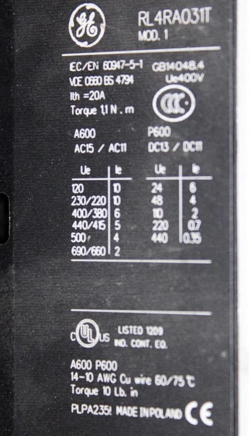 Used GENERAL ELECTRIC CONTACTOR RL4RA031T 20A 600V W/ BTLF30D 0.1-30 SEC TIME DELAY