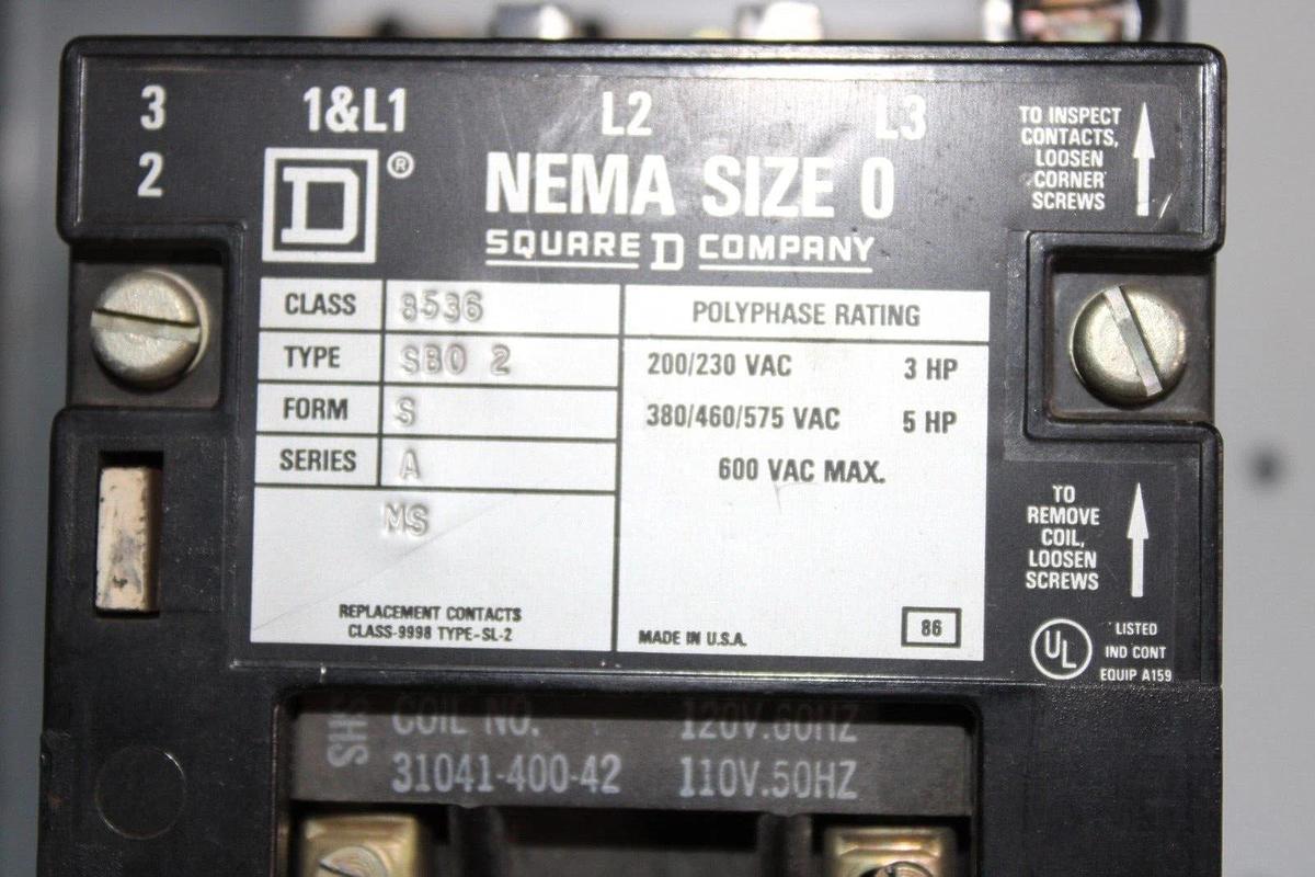 Used SQUARE D COMBINATION STARTER 8538SBA66V02CFP1 30 AMP 600 VAC TYPE 12/3R