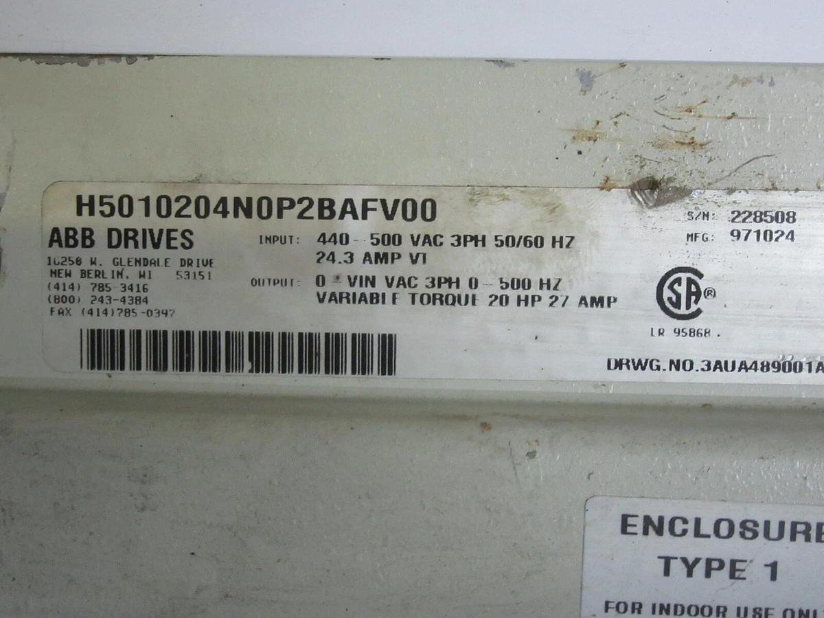 Used ABB VARIABLE SPEED DRIVE H5010204N0P2BAFV00 480 VAC 20 HP 3-PHASE ACH-500