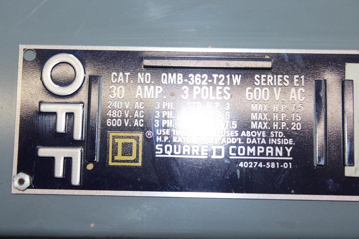 Used SQUARE D TANDEM DISCONNECT SWITCH QMB-362-T21W 30 AMP 600 VAC 3-PHASE