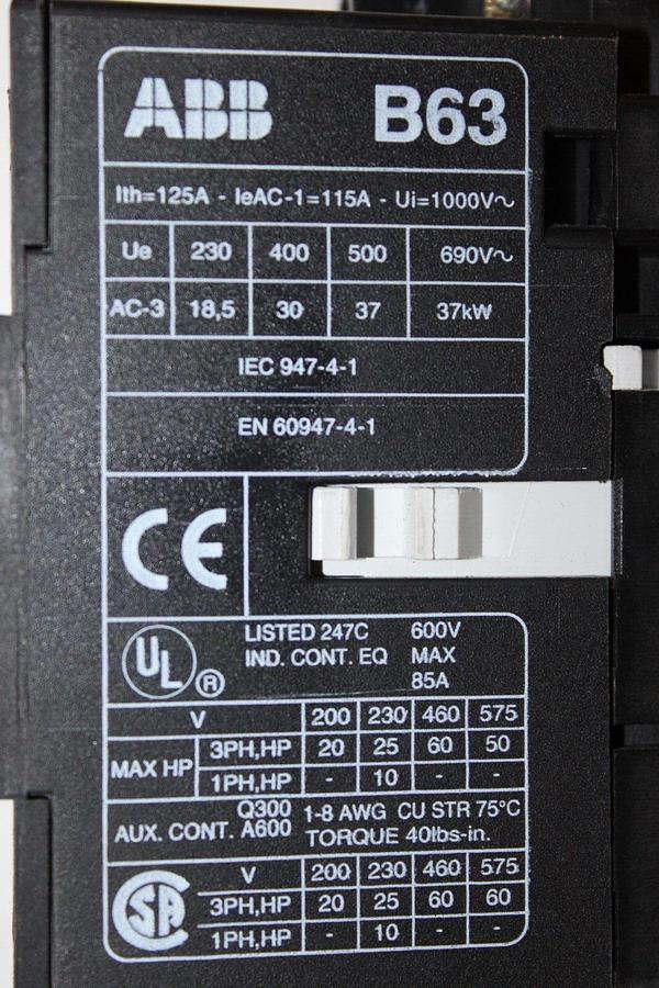 Used ABB CONTACTOR B63 600 VOLT 3-POLE 3-PHASE 60 HP 85 AMP COIL: 120V
