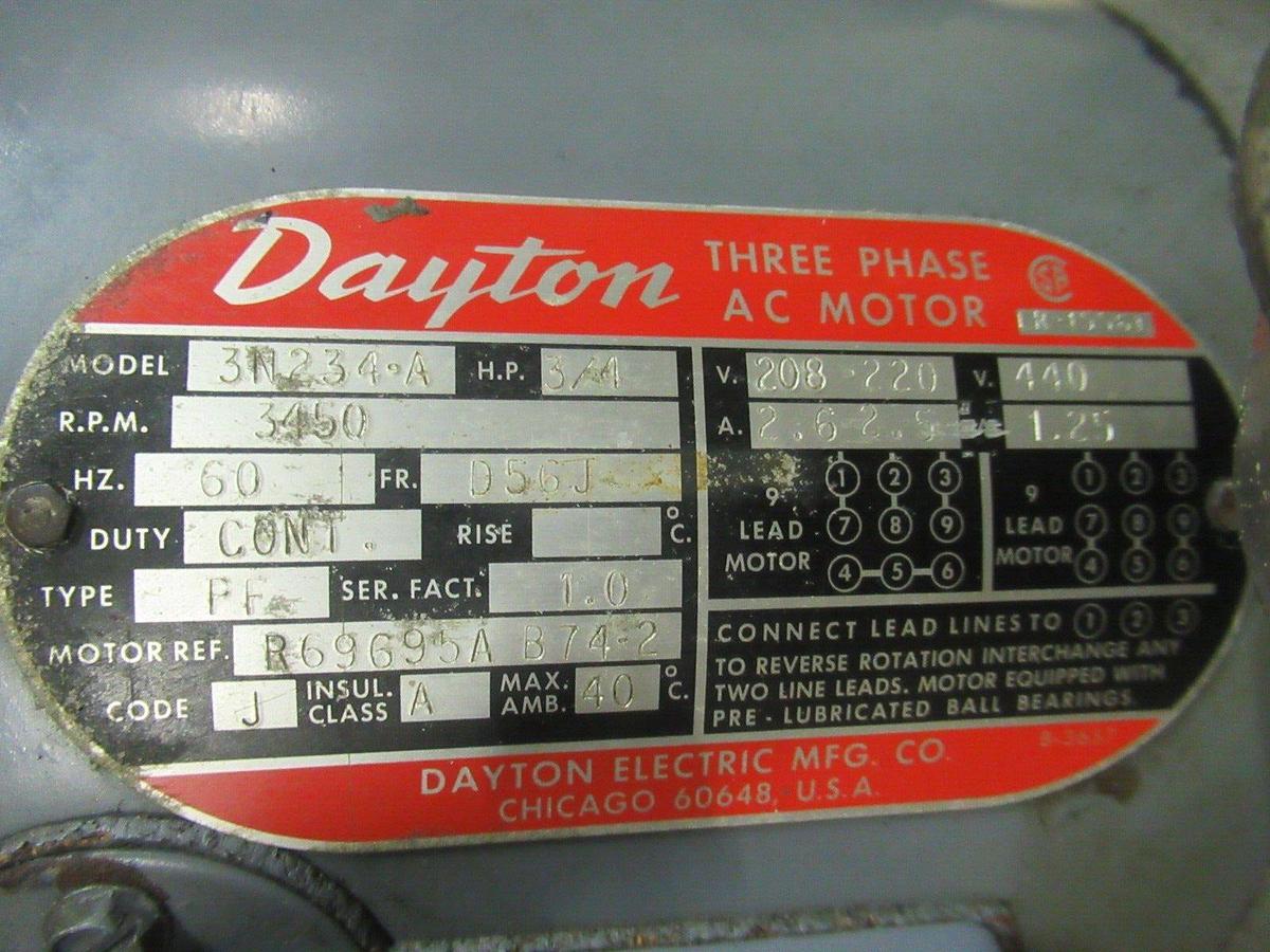 Used HYDRAULIC PUMP DAYTON 3-PHASE 3N234-A 3/4 HP 3450 RPM 60 HZ 1.0 SF LINE OILER